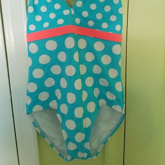 Blue one piece bathing suit with white polkadot - Picture 2 of 4